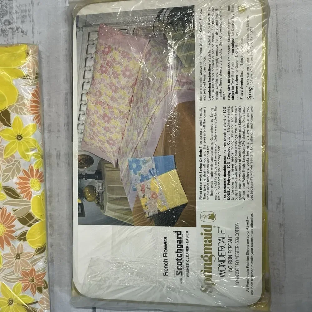 Vintage Wondercale Springmaid 2pc Sheet Set French Flowers Yellow Flat Fitted